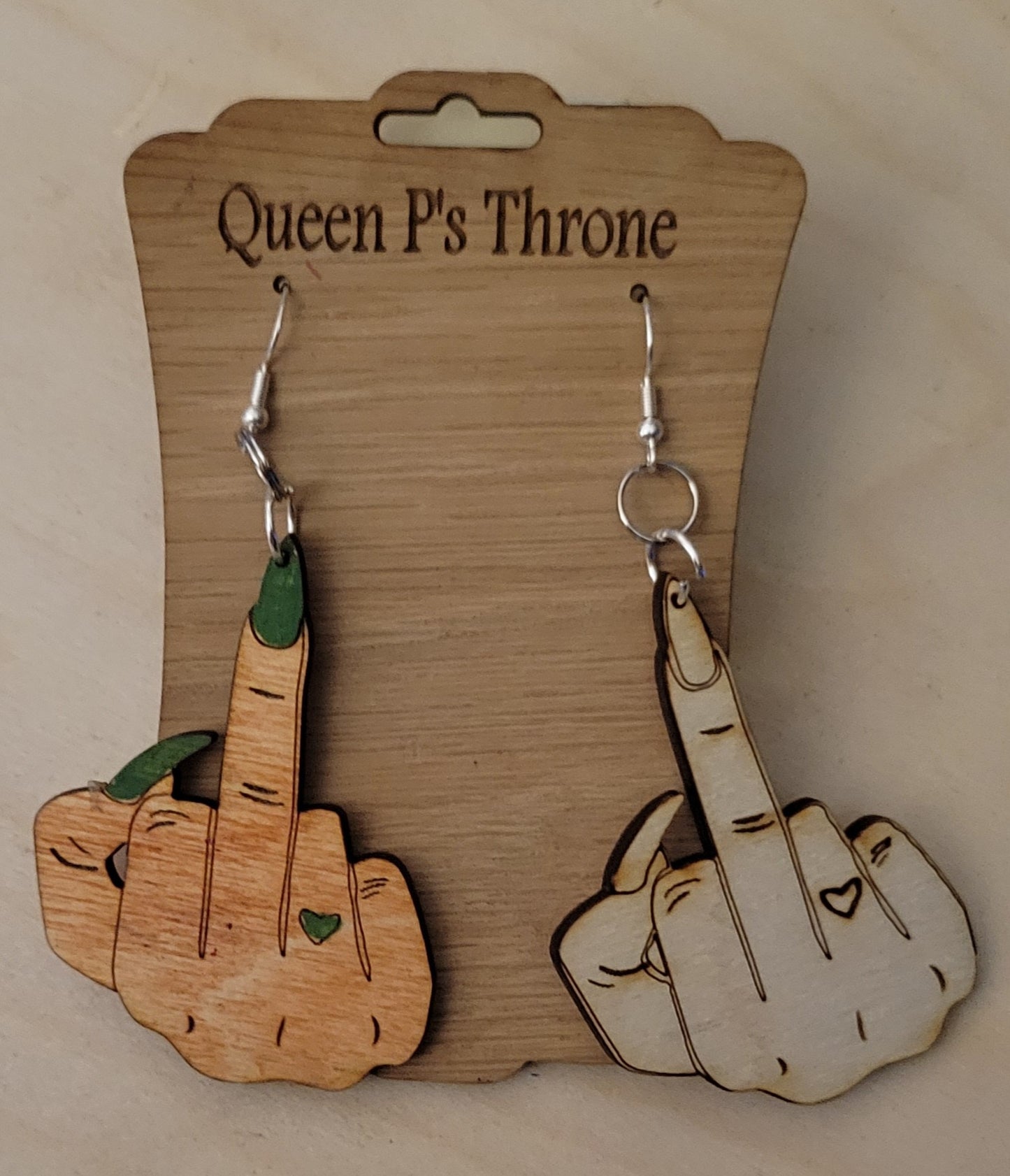 Middle finger wood earrings