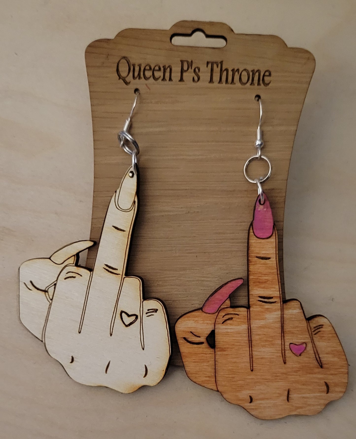 Middle finger wood earrings