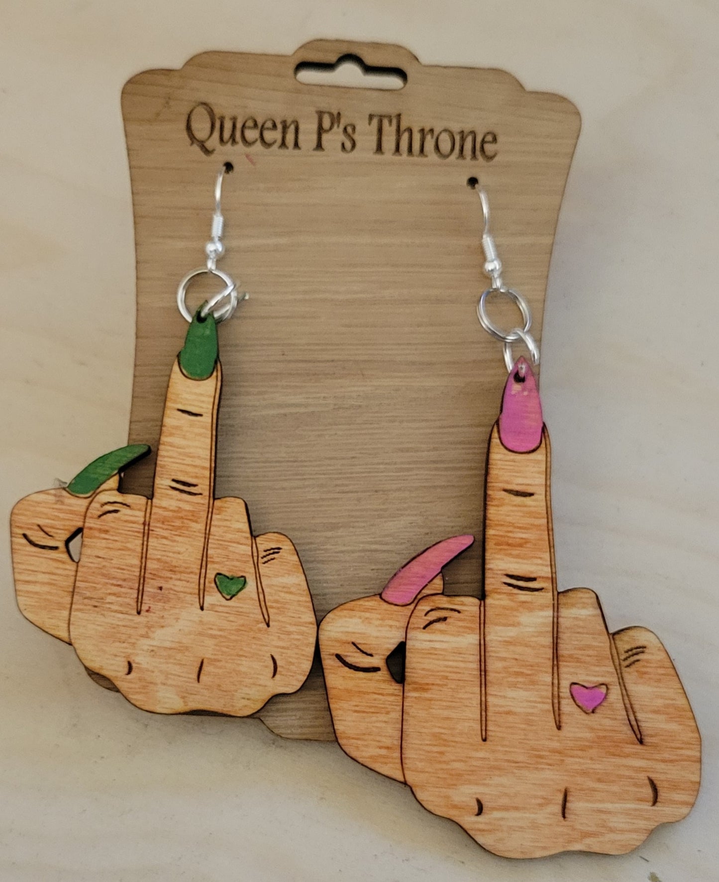 Middle finger wood earrings